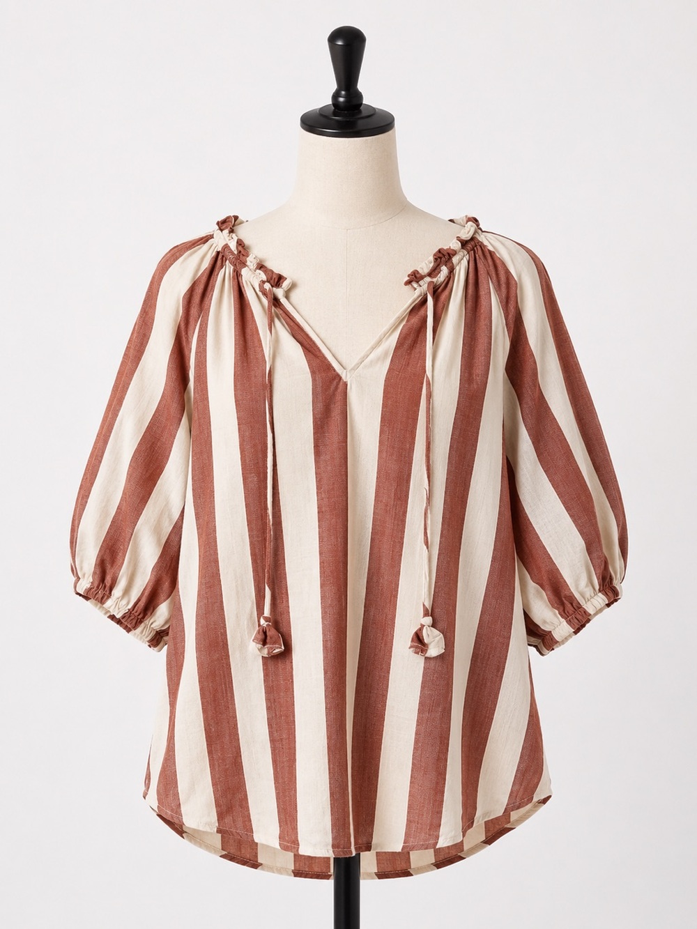 Knox Rose Woman’s Cotton Striped Peasant Blouse in Cream and Rust Size Large